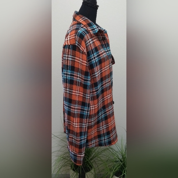 ZARA Men's Orange/Black Plaid Print Knit Long Sleeve Button Down Flannel-Size M - Picture 9 of 11